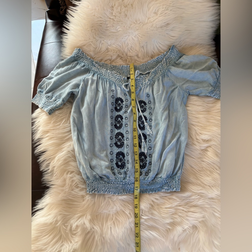Smocked Light Blue Embroidered Peasant Blouse - Picture 8 of 13